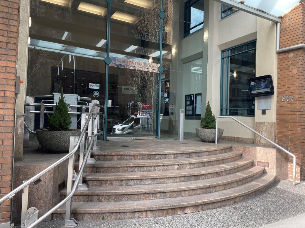 PGT Vancouver office entry The outside front of the PGT Vancouver office showing stairs and doors.